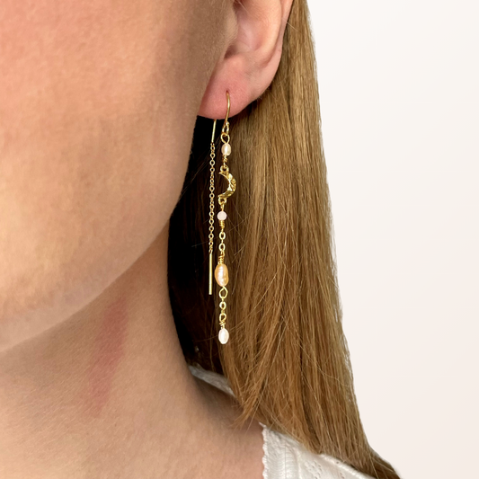 Øreringe med måne, perle og pink opal